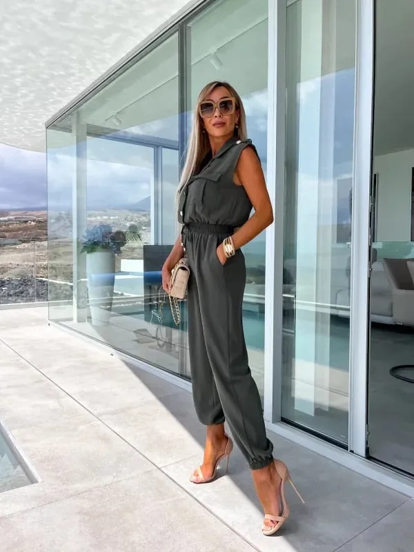 Casual Sleeveless Lapel Button Suit Pocket Elastic Waist Cargo Jumpsuit
