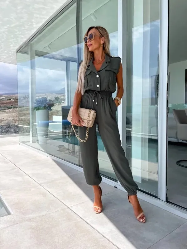 Casual Sleeveless Lapel Button Suit Pocket Elastic Waist Cargo Jumpsuit