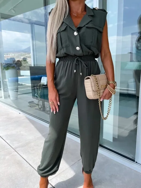 Casual Sleeveless Lapel Button Suit Pocket Elastic Waist Cargo Jumpsuit