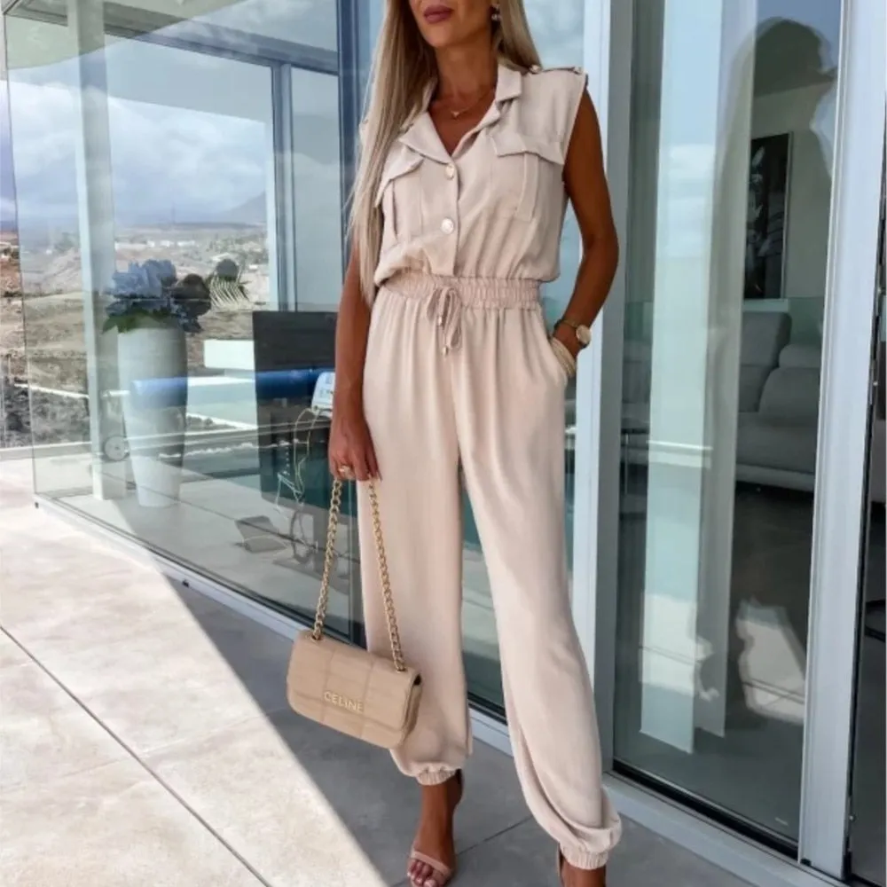 Casual Sleeveless Lapel Button Suit Pocket Elastic Waist Cargo Jumpsuit