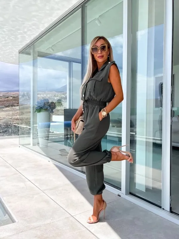 Casual Sleeveless Lapel Button Suit Pocket Elastic Waist Cargo Jumpsuit