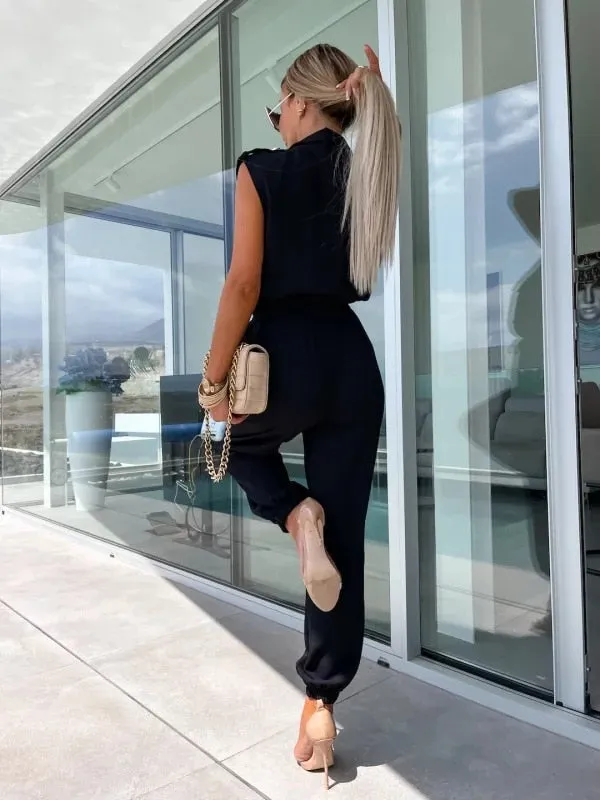 Casual Sleeveless Lapel Button Suit Pocket Elastic Waist Cargo Jumpsuit