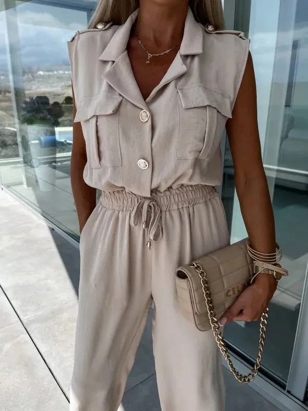 Casual Sleeveless Lapel Button Suit Pocket Elastic Waist Cargo Jumpsuit