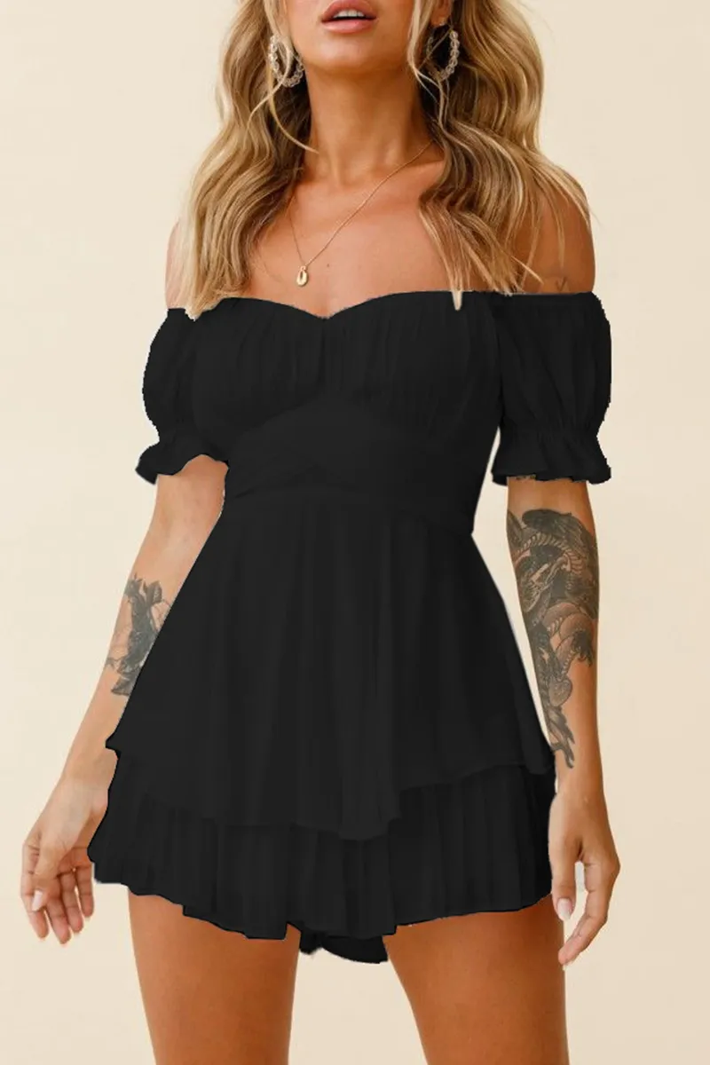 Casual Solid Flounce Off the Shoulder Straight Rompers