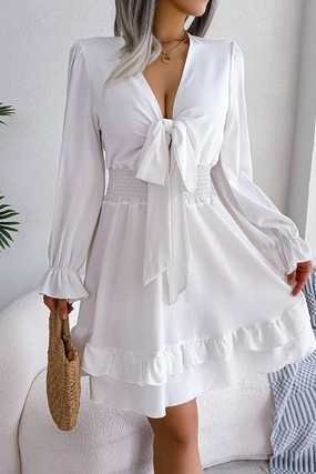 CASUAL DEEP V TIE UP WOODEN EAR SIDE SWING DRESS_CWDSD3014 CASUAL DEEP V TIE UP WOODEN EAR SIDE SWING DRESS_CWDSD3014