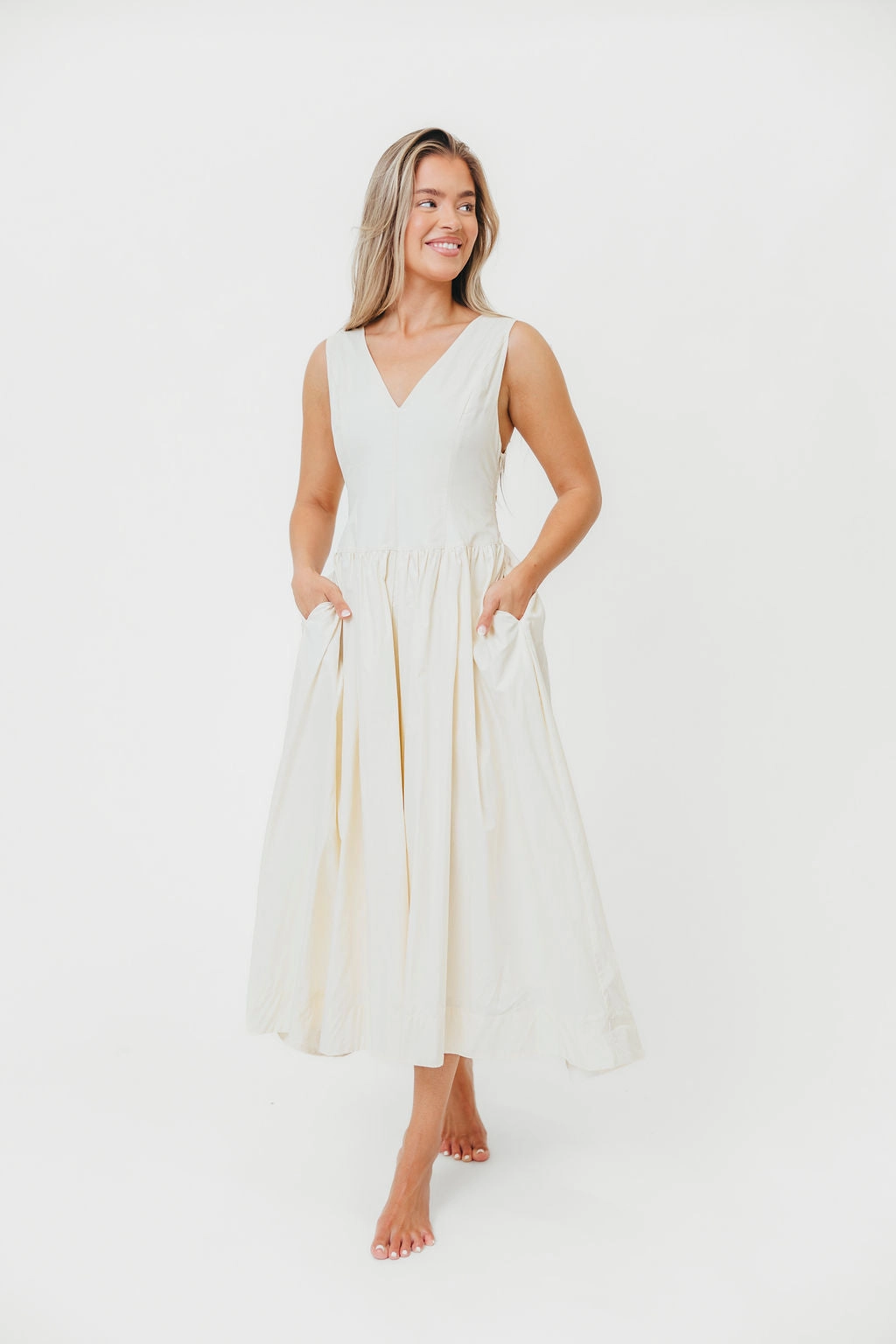 Cece 100% Cotton Bow Detail Woven Maxi Dress in Off-White