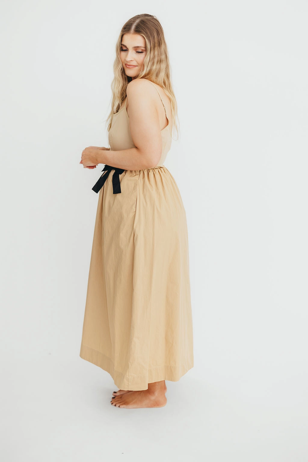 Celeste Square Neck Midi Dress with Bow Detail in Khaki *Final-Sale*