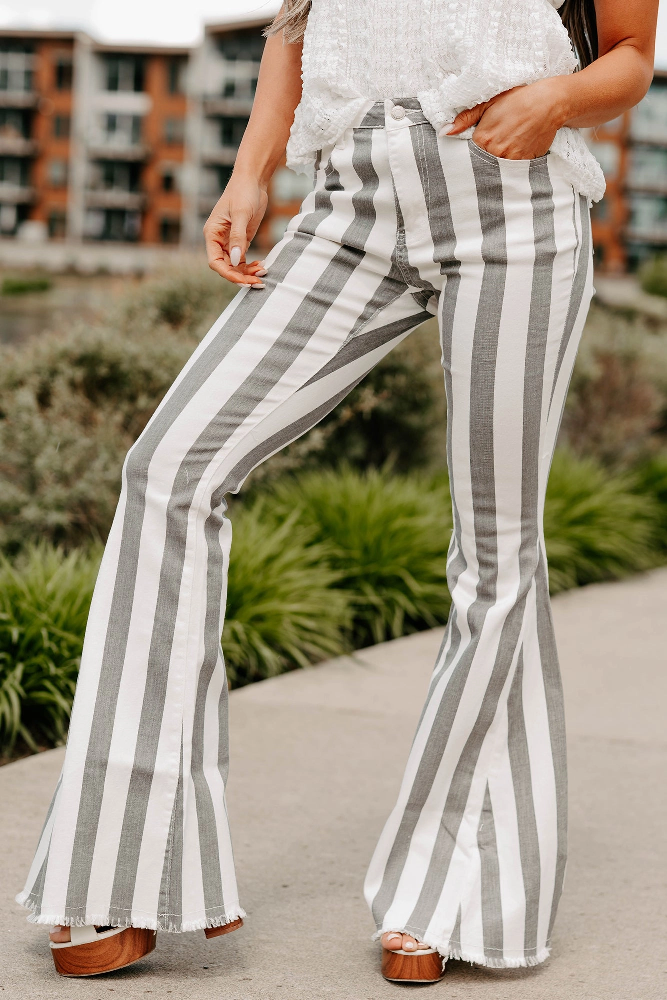 Certified Flirt Striped Flare Jeans (White/Charcoal)