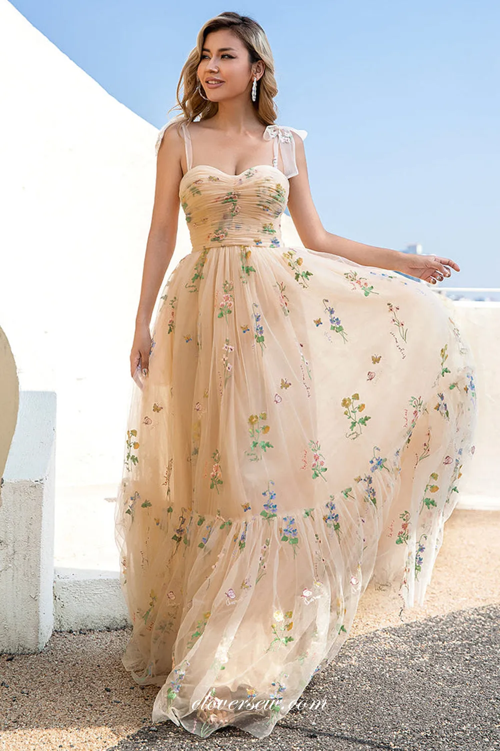 Champagne Yellow Embroidery Tulle A-line Prom Dresses, CP0945