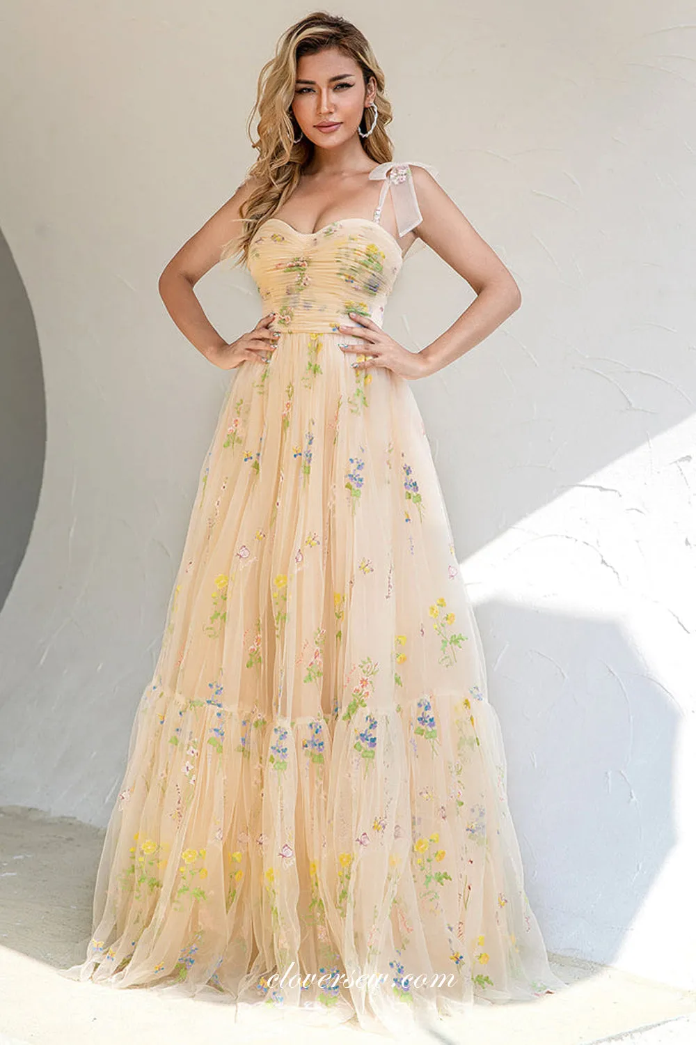 Champagne Yellow Embroidery Tulle A-line Prom Dresses, CP0945