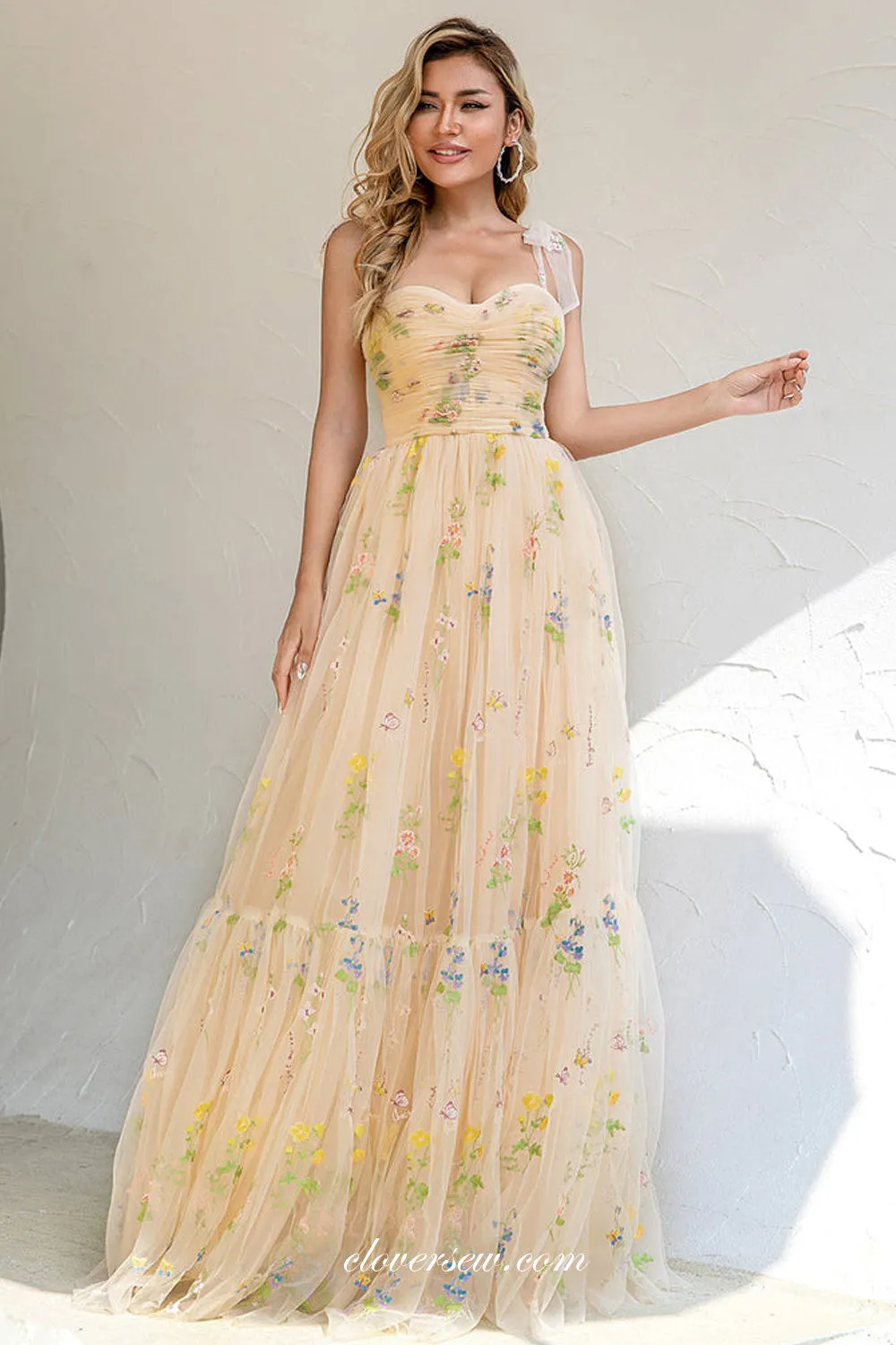 Champagne Yellow Embroidery Tulle A-line Prom Dresses, CP0945