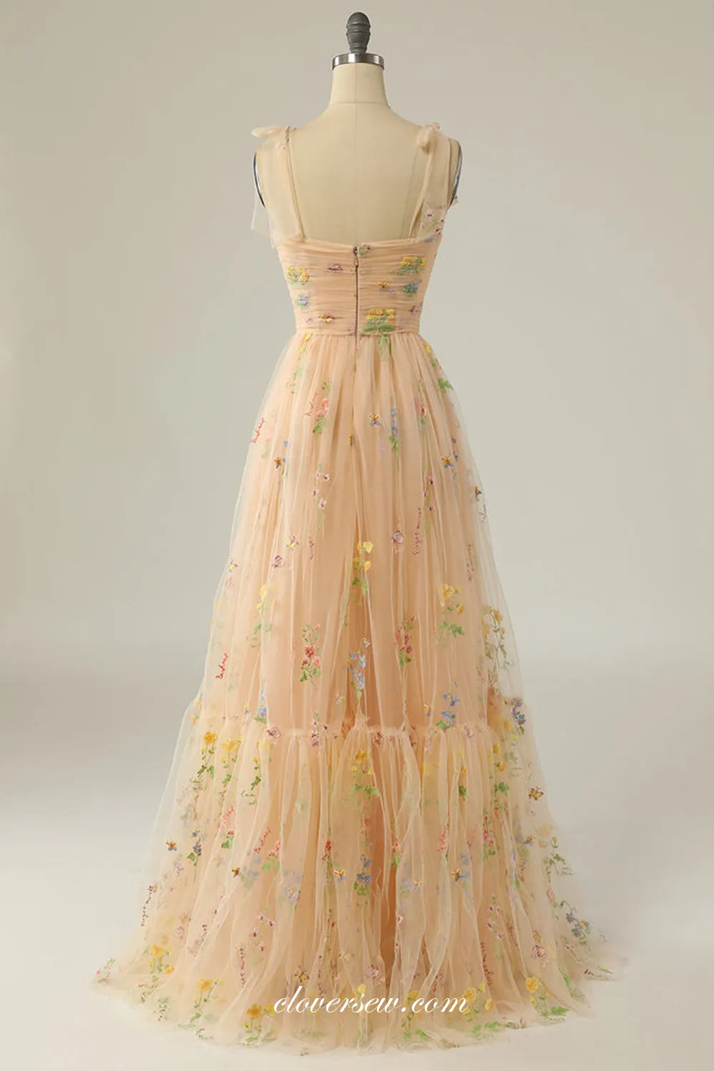 Champagne Yellow Embroidery Tulle A-line Prom Dresses, CP0945