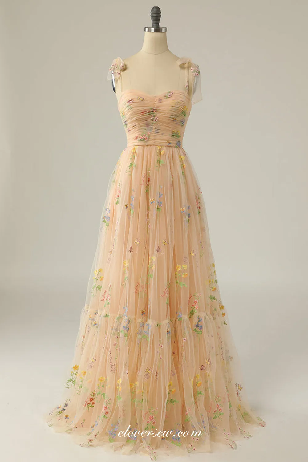 Champagne Yellow Embroidery Tulle A-line Prom Dresses, CP0945