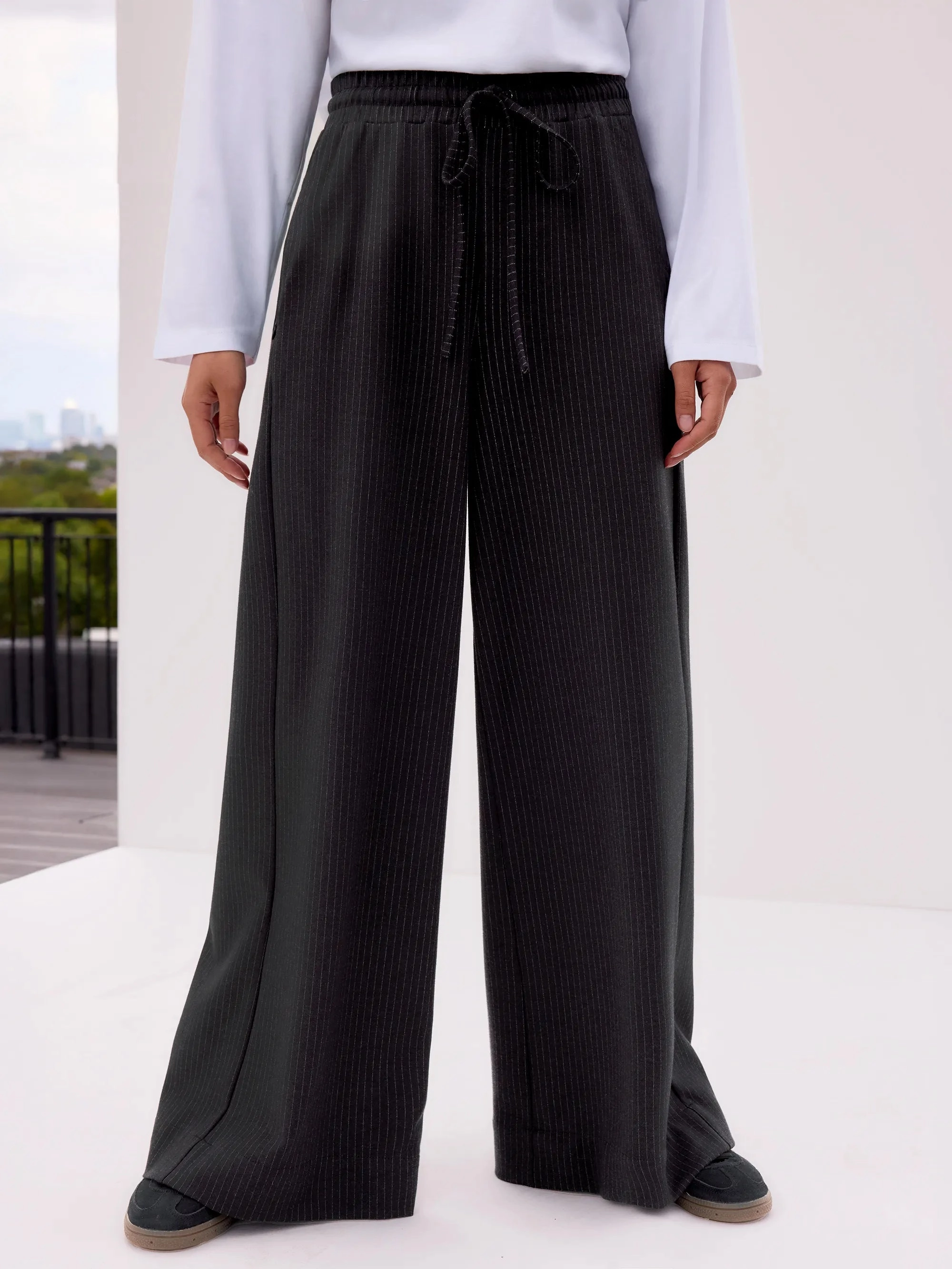 Charcoal Pinstripe Wide Leg Joggers