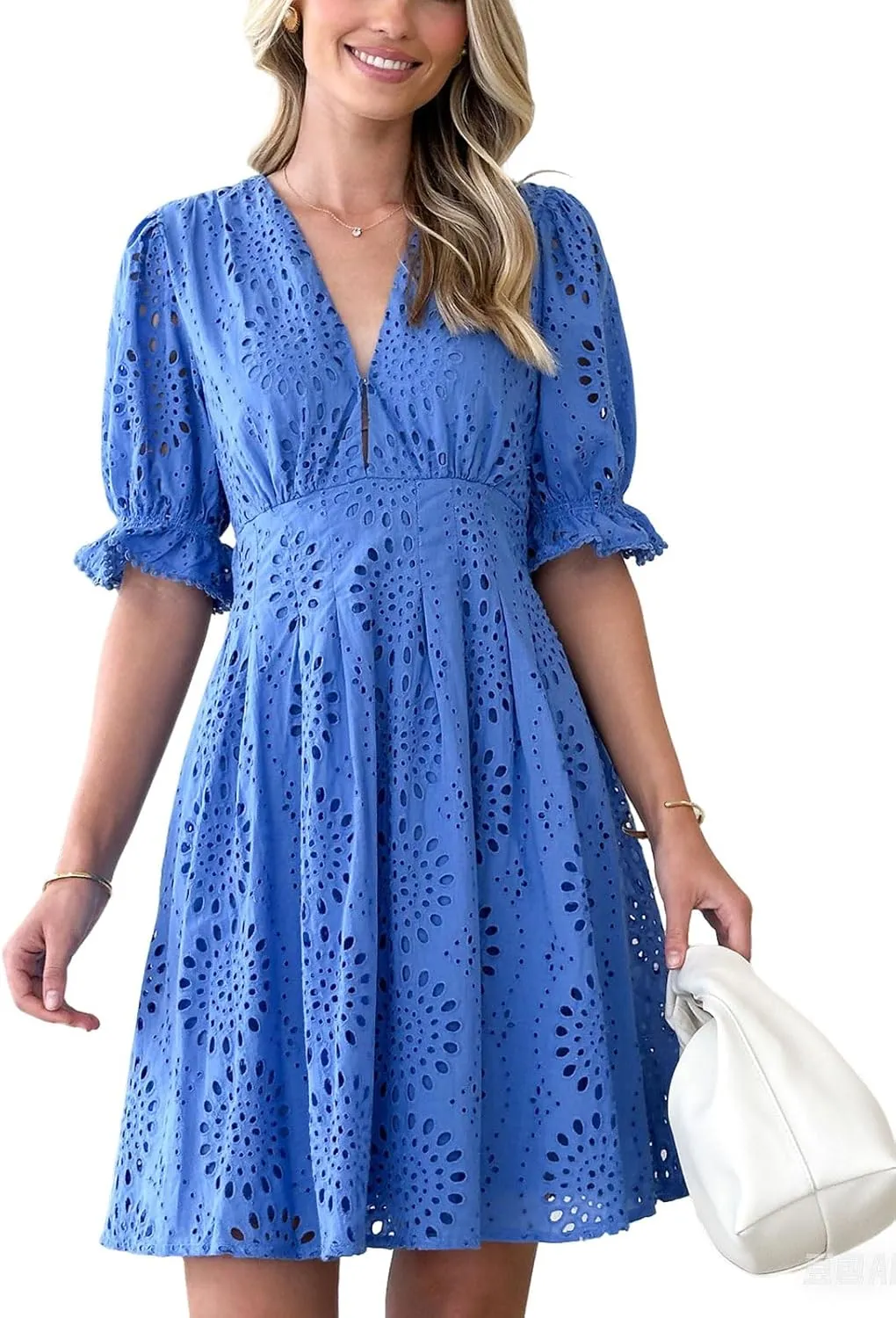 CHARTOU Women 2025 Summer Eyelet Lace Dress Short Sleeve V Neck Cut Out Lined Midi Sun Dress