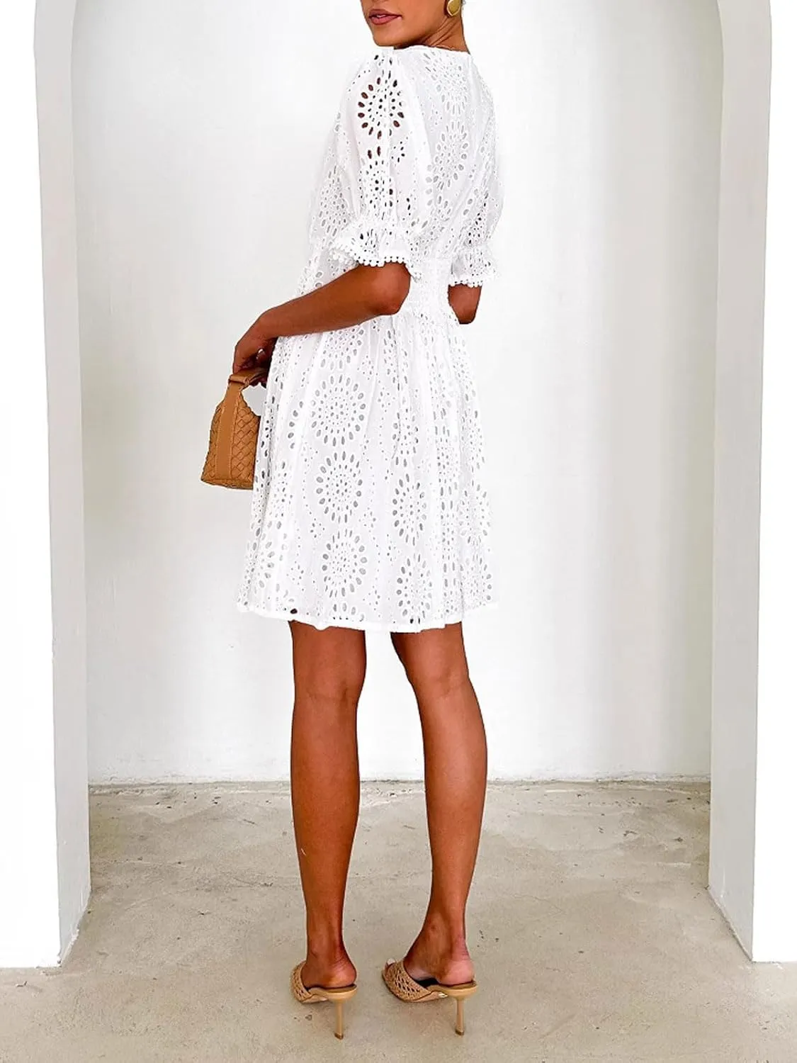 CHARTOU Women 2025 Summer Eyelet Lace Dress Short Sleeve V Neck Cut Out Lined Midi Sun Dress