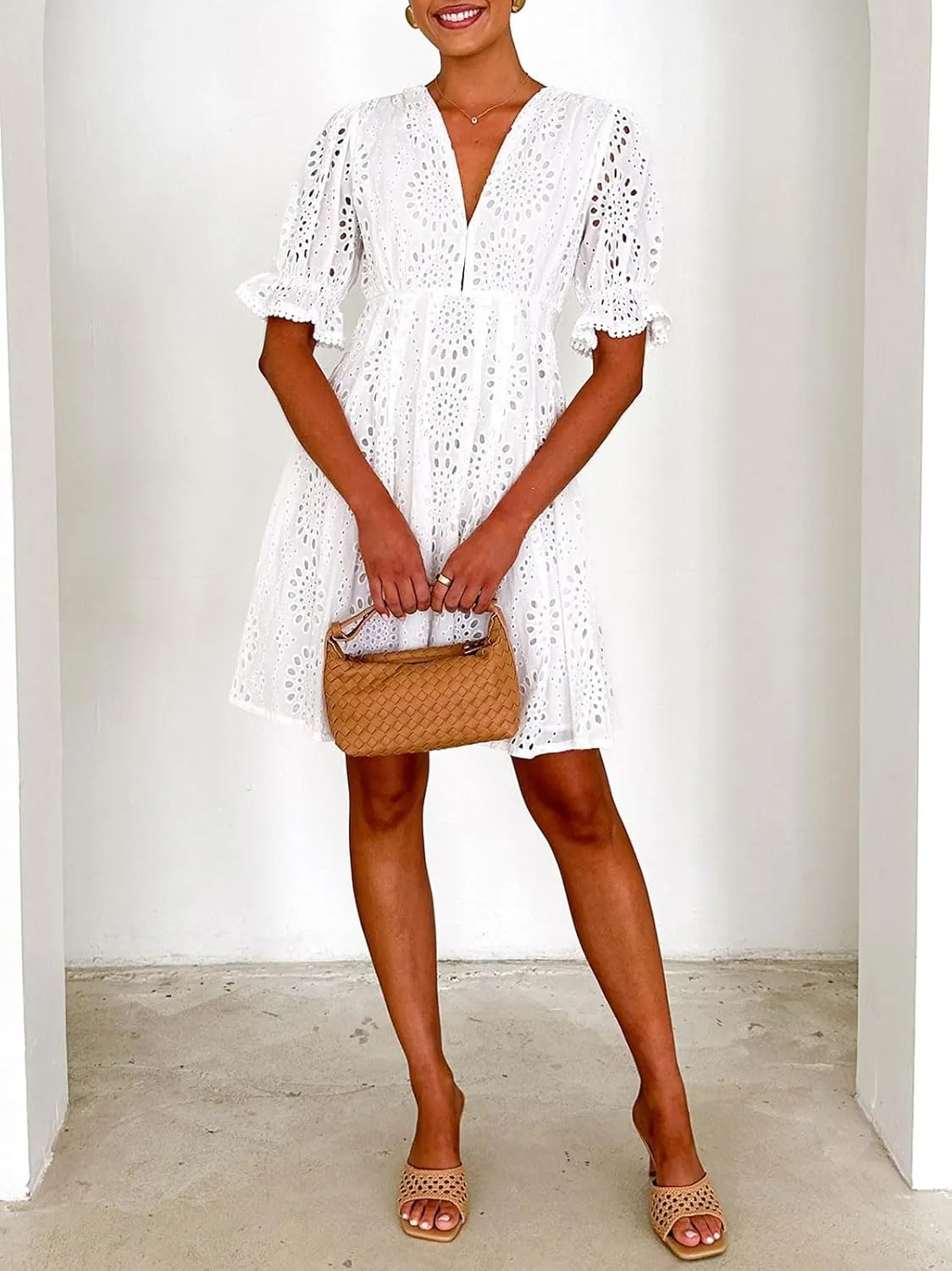 CHARTOU Women 2025 Summer Eyelet Lace Dress Short Sleeve V Neck Cut Out Lined Midi Sun Dress