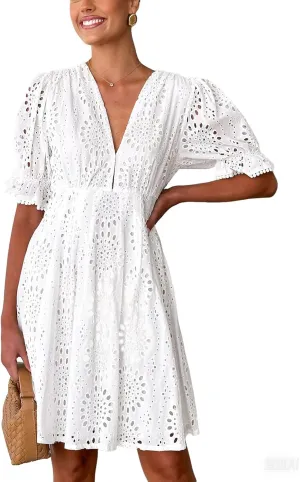CHARTOU Women 2025 Summer Eyelet Lace Dress Short Sleeve V Neck Cut Out Lined Midi Sun Dress
