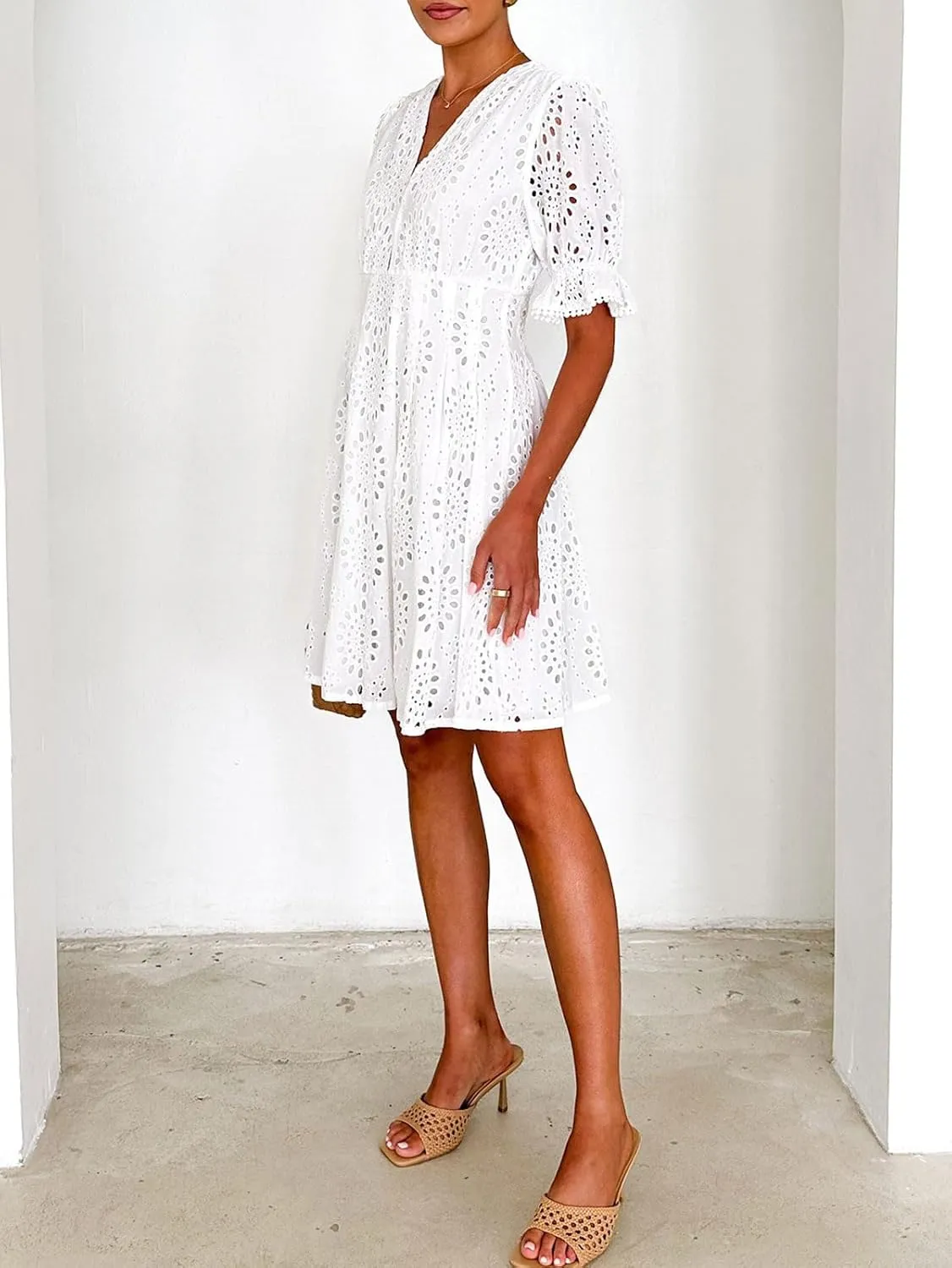 CHARTOU Women 2025 Summer Eyelet Lace Dress Short Sleeve V Neck Cut Out Lined Midi Sun Dress