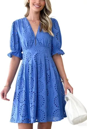 CHARTOU Women 2025 Summer Eyelet Lace Dress Short Sleeve V Neck Cut Out Lined Midi Sun Dress