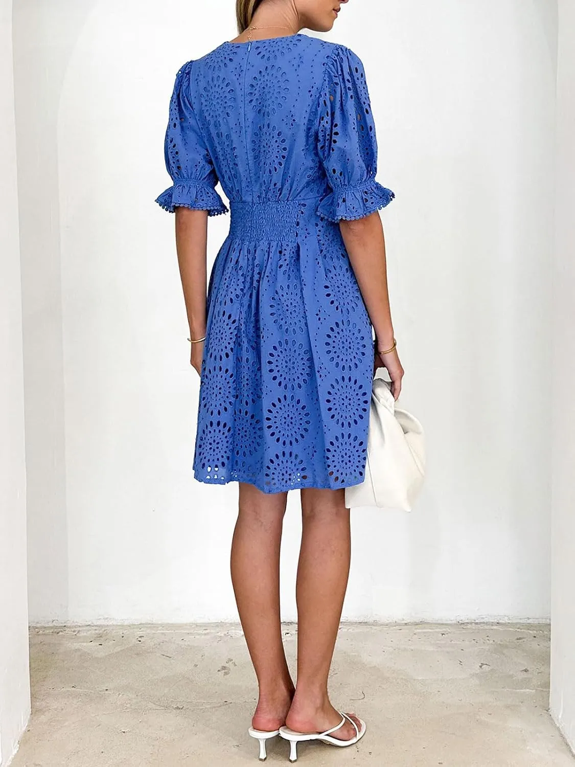 CHARTOU Women 2025 Summer Eyelet Lace Dress Short Sleeve V Neck Cut Out Lined Midi Sun Dress