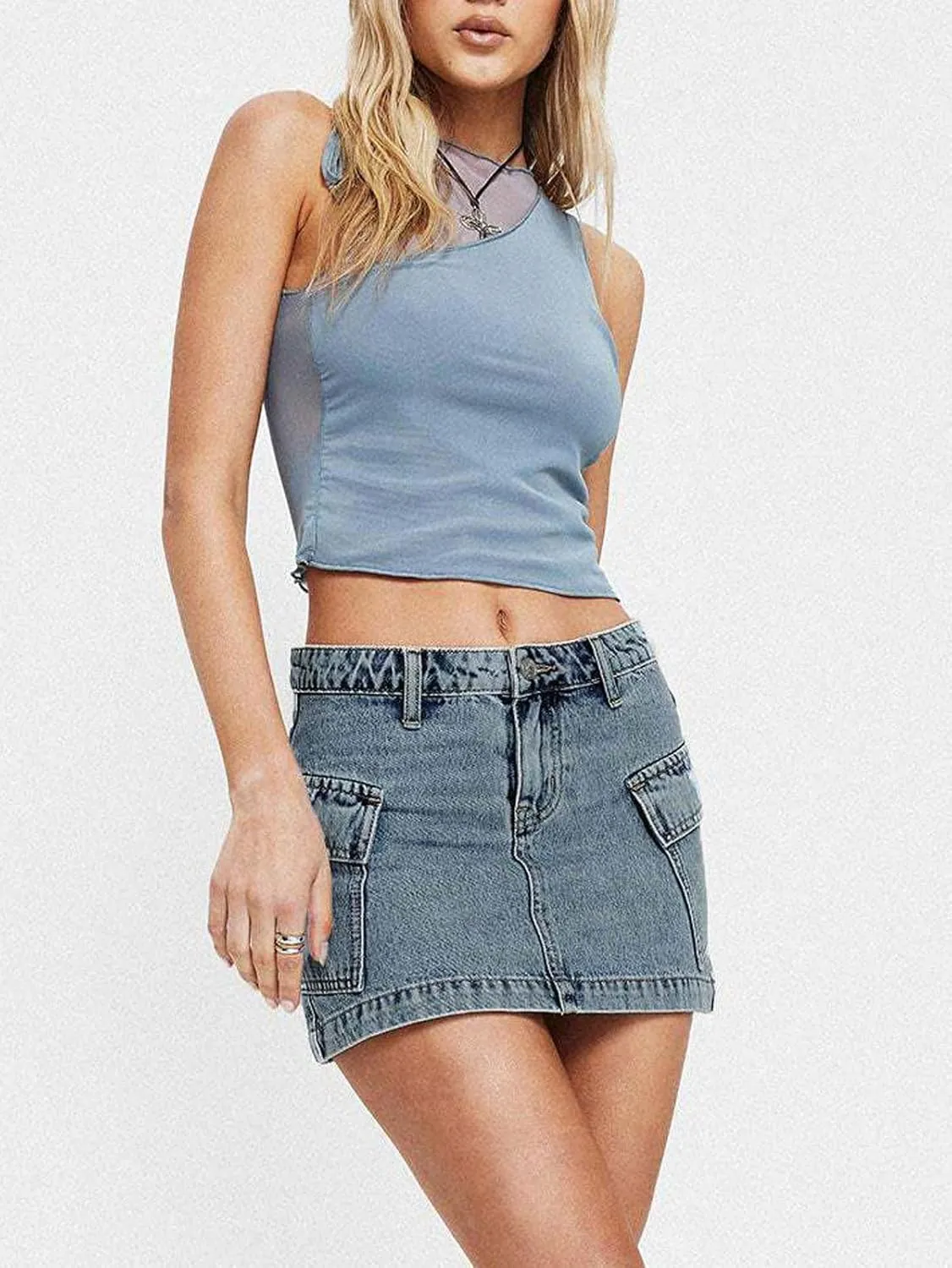 CHARTOU Women's Sexy Wrap Round Jean Mini Skirt Y2k Denim Cargo Washed Fitted Short Skirt with Pockets