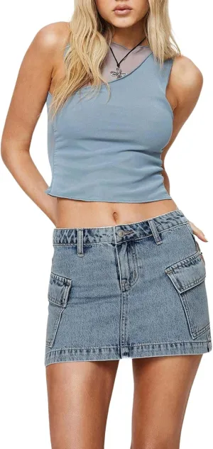 CHARTOU Women's Sexy Wrap Round Jean Mini Skirt Y2k Denim Cargo Washed Fitted Short Skirt with Pockets