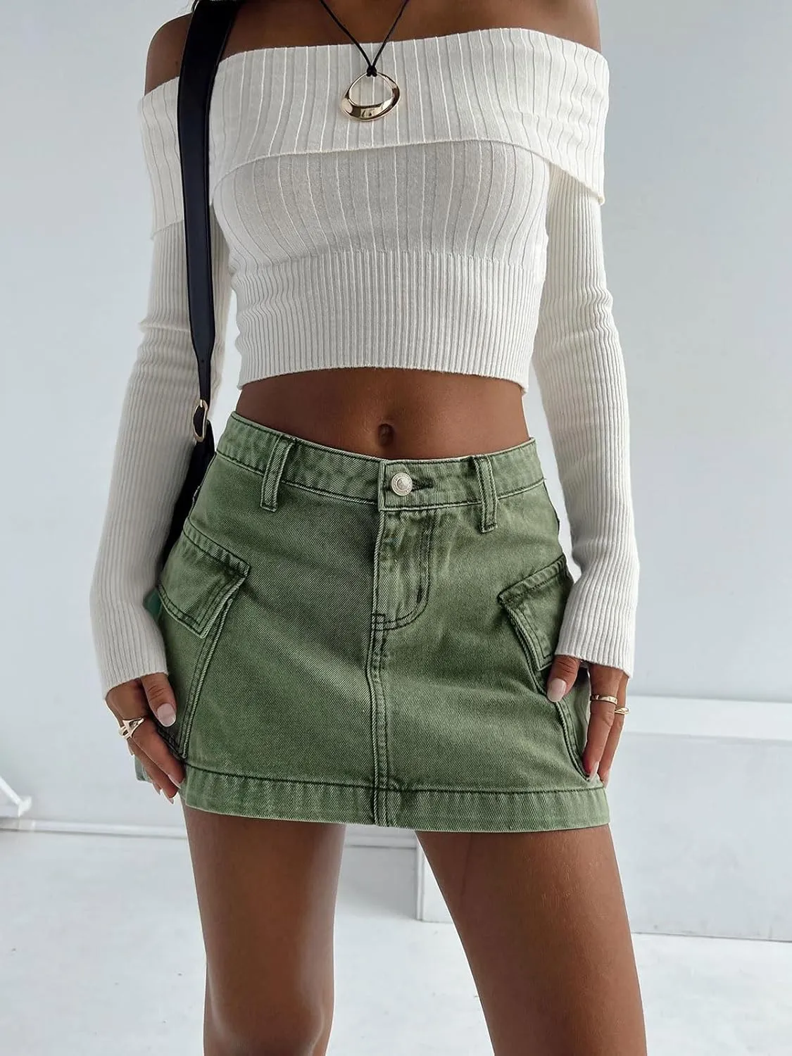 CHARTOU Women's Sexy Wrap Round Jean Mini Skirt Y2k Denim Cargo Washed Fitted Short Skirt with Pockets