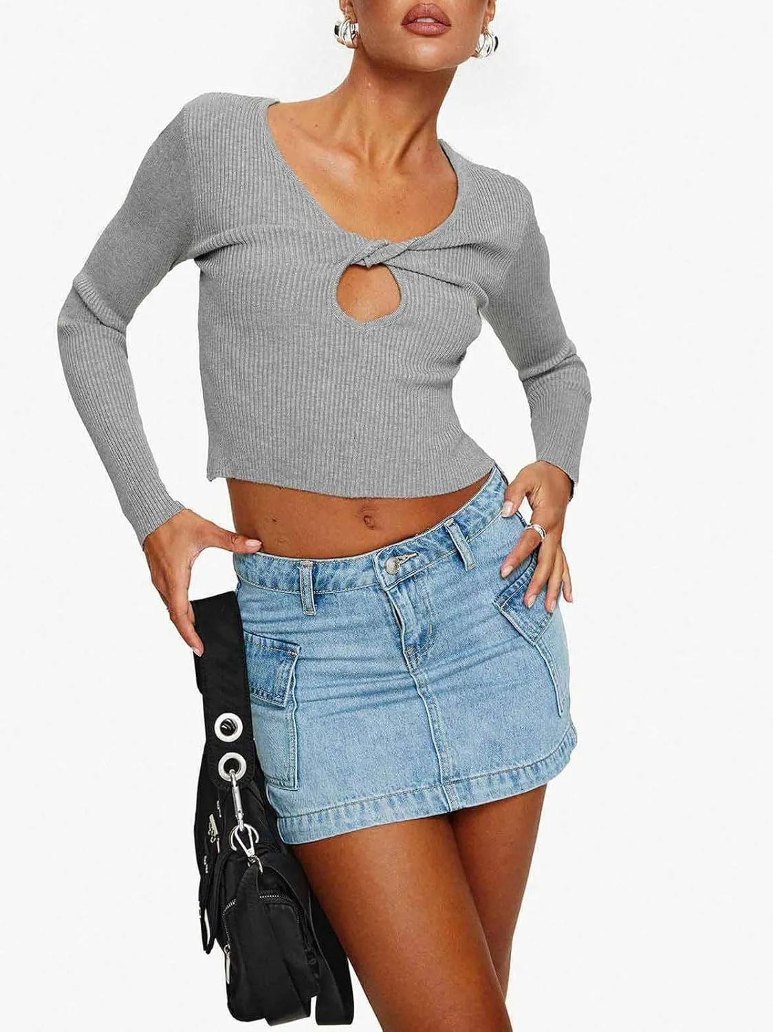 CHARTOU Women's Sexy Wrap Round Jean Mini Skirt Y2k Denim Cargo Washed Fitted Short Skirt with Pockets