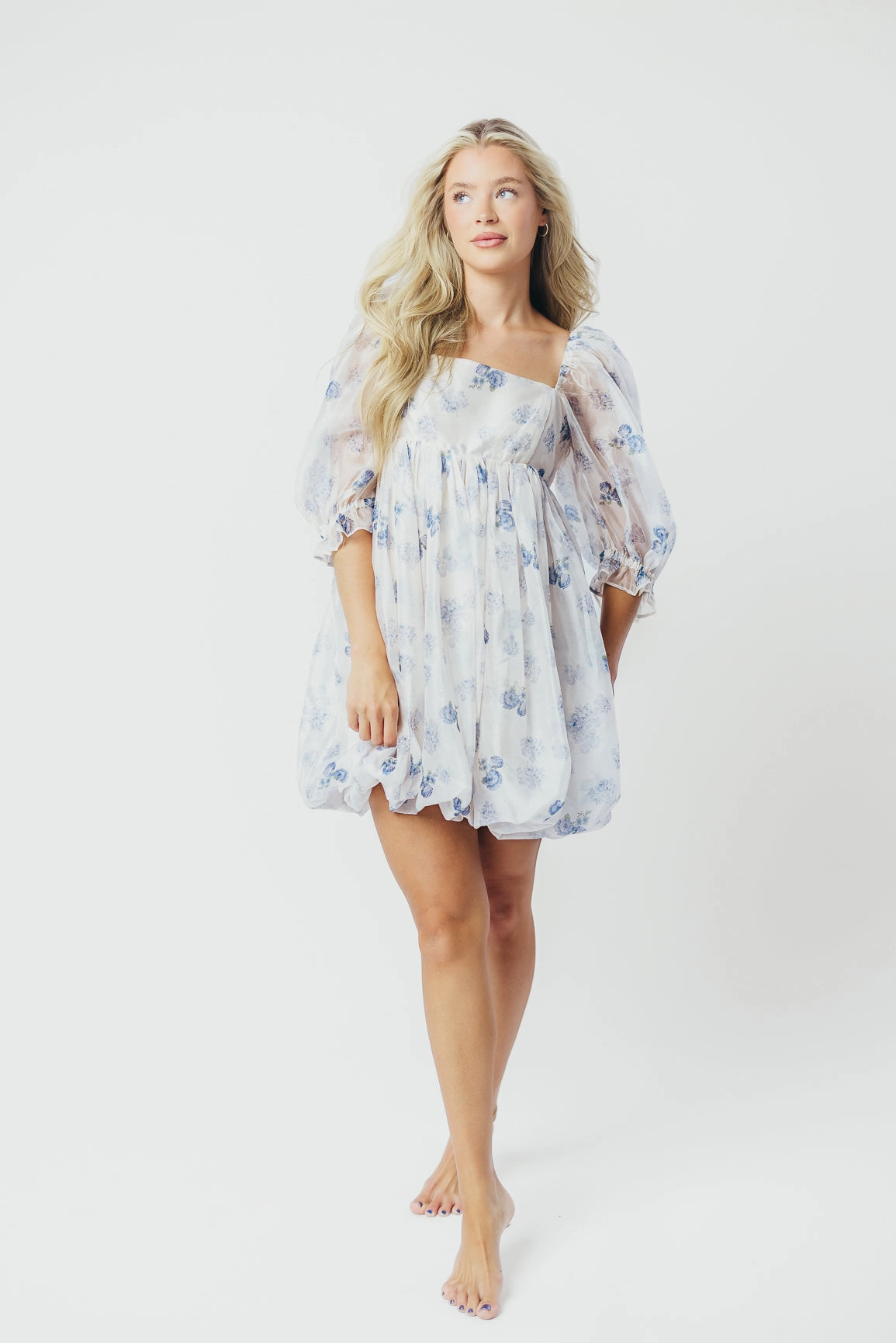 Chase Bubble Hem Mini Dress in White/Periwinkle *Final-Sale*