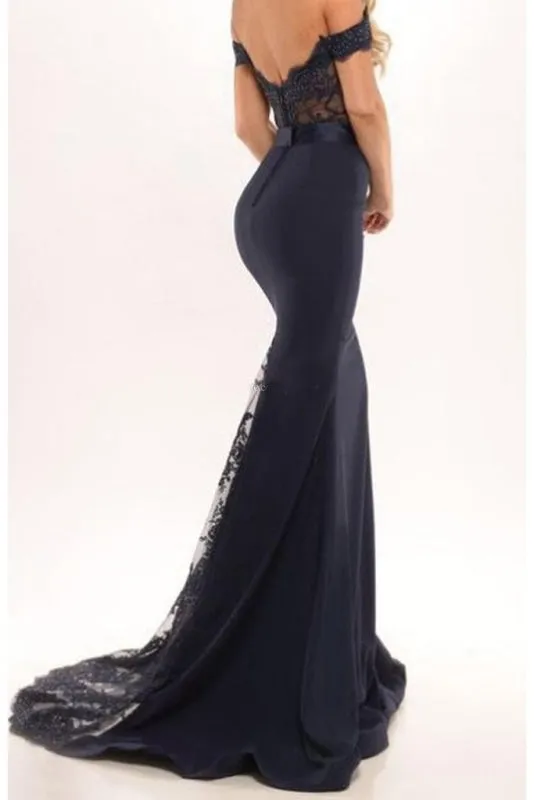 Cheap Mermaid Long Dress lace Black Off the Shoulder with Sash Prom Gowns