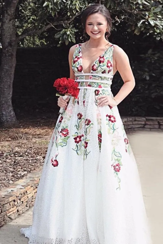 Cheap V Neck Prom Dresses Sleeveless Floor Length Formal Dress with Appliques