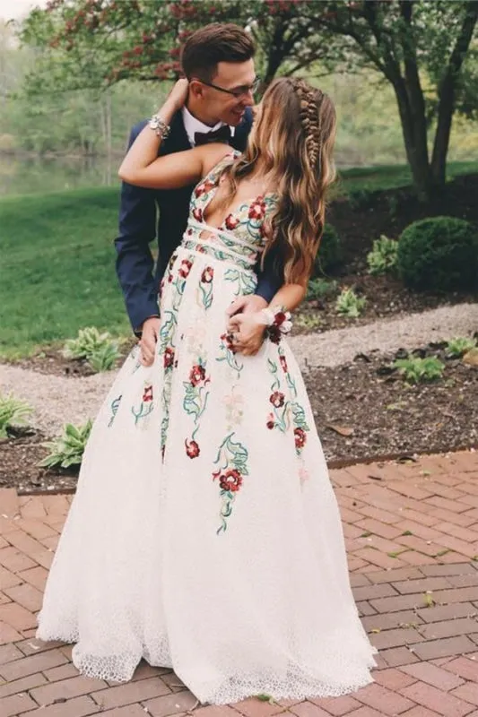 Cheap V Neck Prom Dresses Sleeveless Floor Length Formal Dress with Appliques