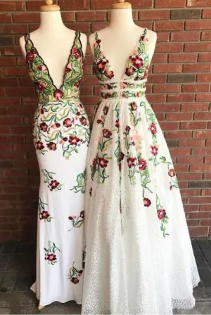 Cheap V Neck Prom Dresses Sleeveless Floor Length Formal Dress with Appliques
