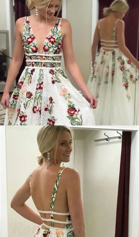 Cheap V Neck Prom Dresses Sleeveless Floor Length Formal Dress with Appliques