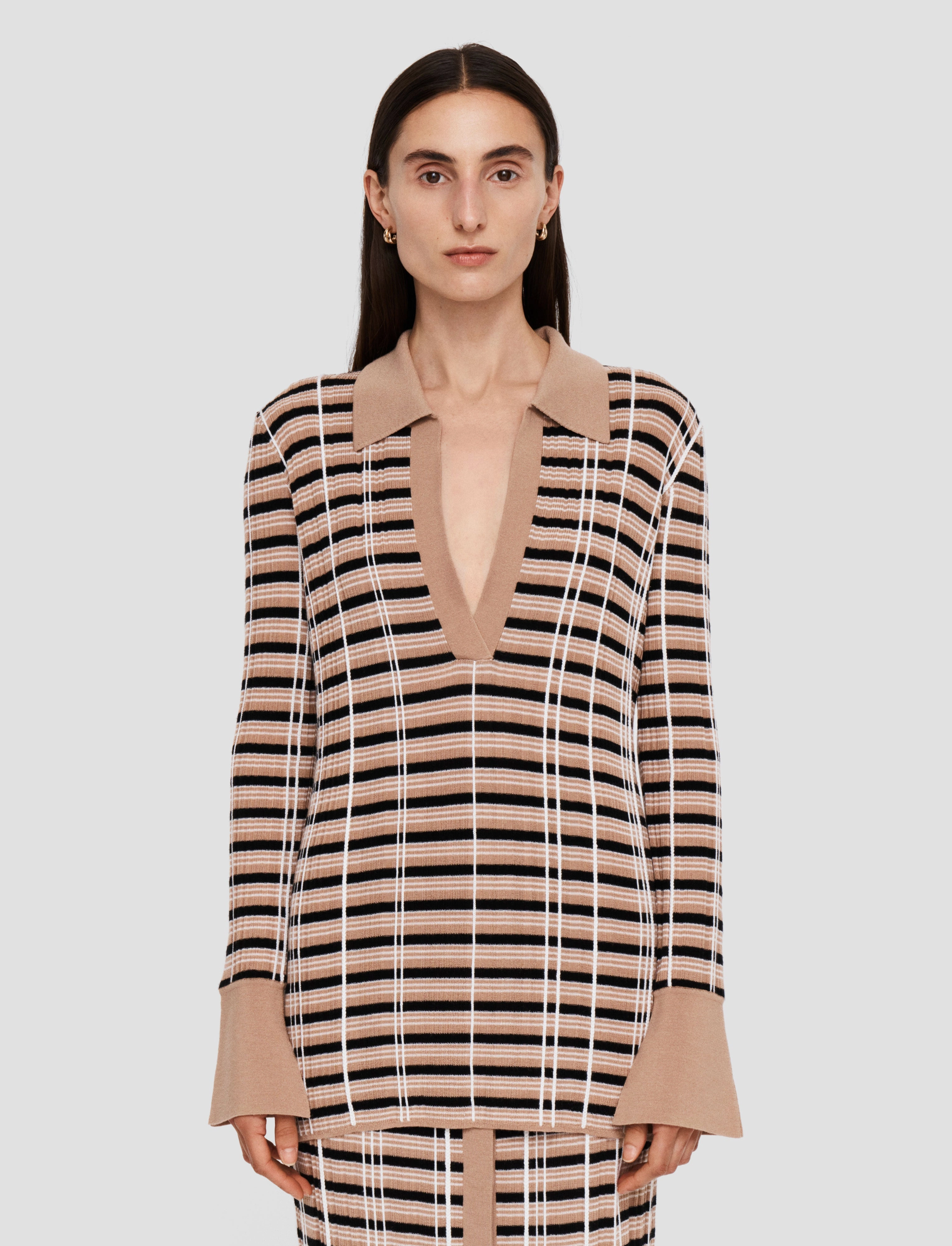 Check Wool Silk Polo Top