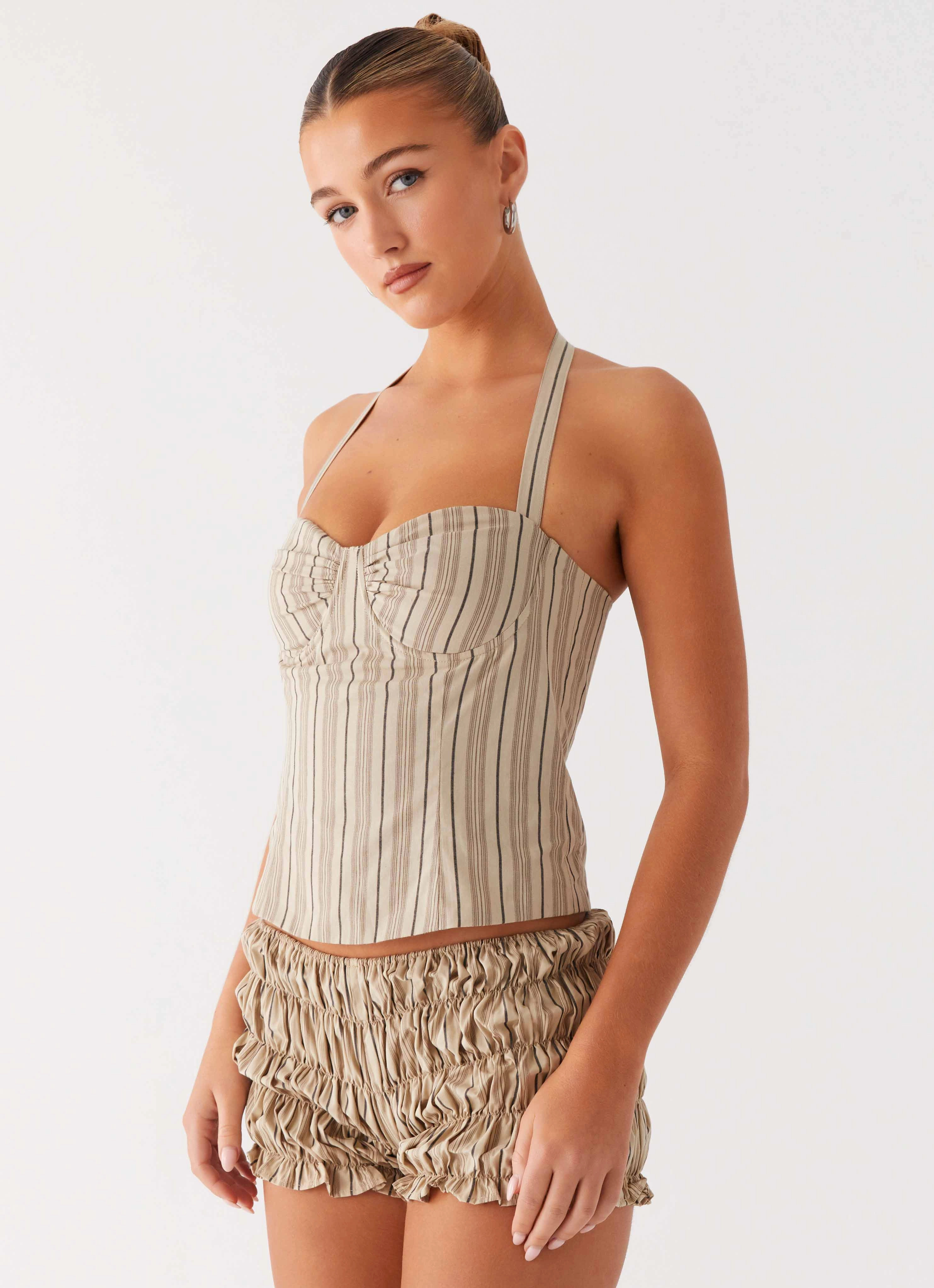 Cheryl Bustier Halter Top - Oatmeal Stripe