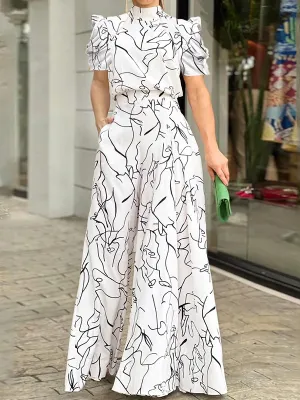 CHICMY- Artist Print Long Sleeve Elegant O Neck Short Sleeve Shirt Jumpsuit