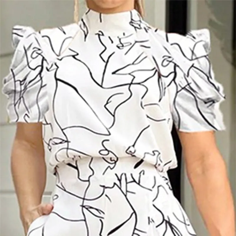 CHICMY- Artist Print Long Sleeve Elegant O Neck Short Sleeve Shirt Jumpsuit
