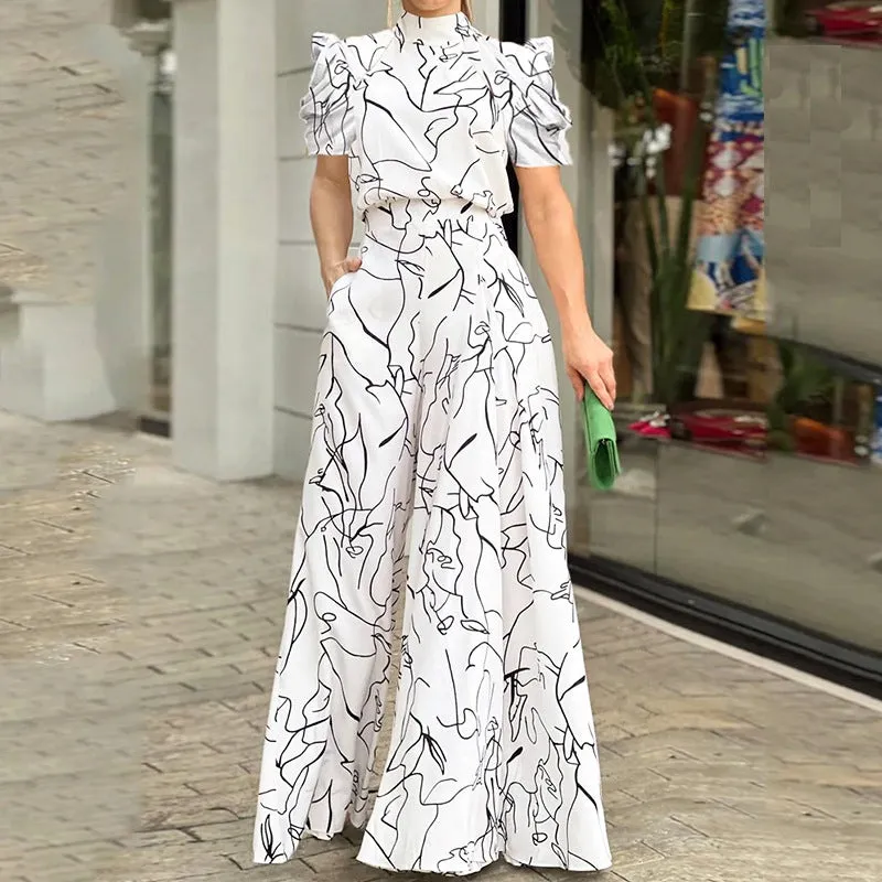 CHICMY- Artist Print Long Sleeve Elegant O Neck Short Sleeve Shirt Jumpsuit