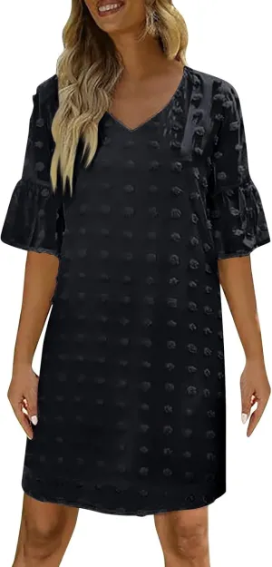 Chiffon Dresses for Women 2024 Summer Smocked Dress Short Flutter Sleeve V Neck Swiss Dot Ruffle Tiered Mini Dress
