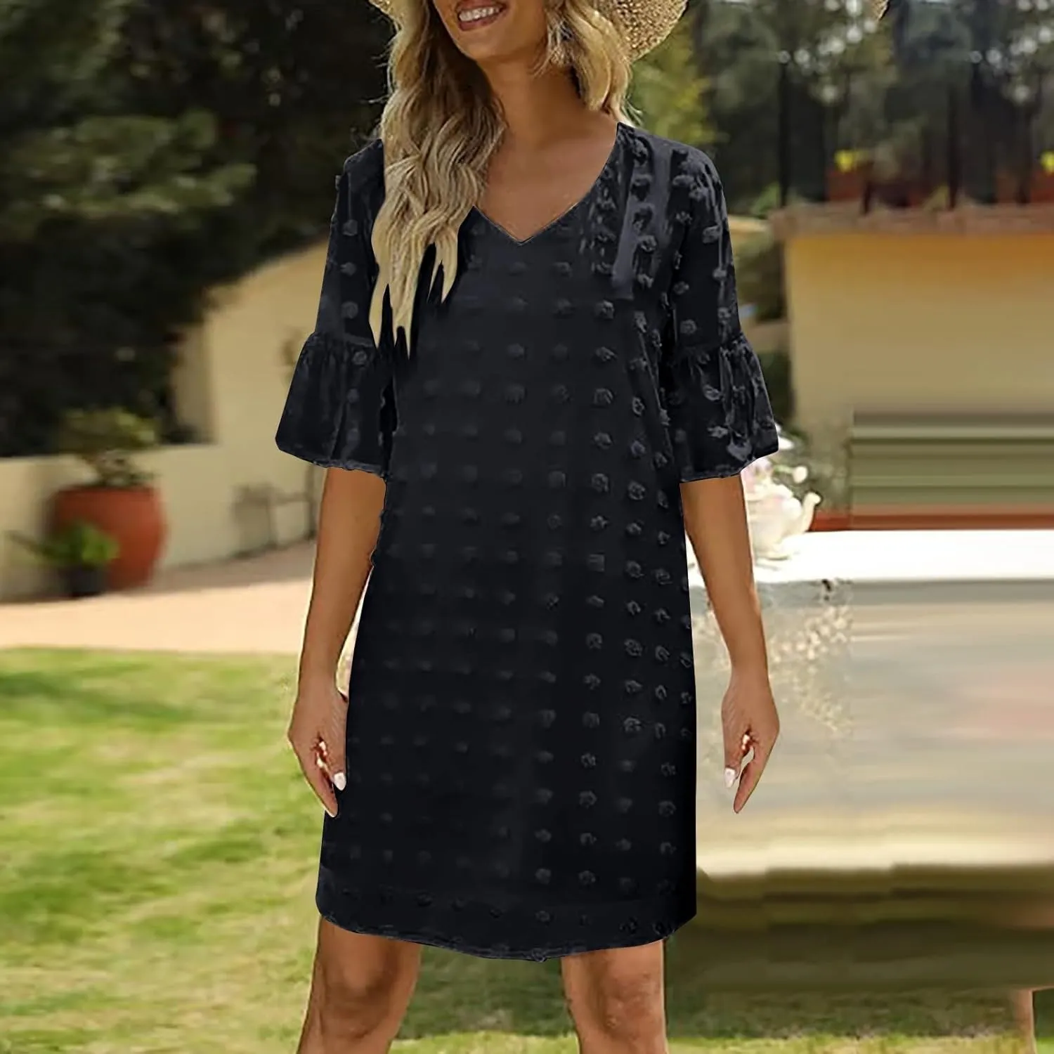 Chiffon Dresses for Women 2024 Summer Smocked Dress Short Flutter Sleeve V Neck Swiss Dot Ruffle Tiered Mini Dress