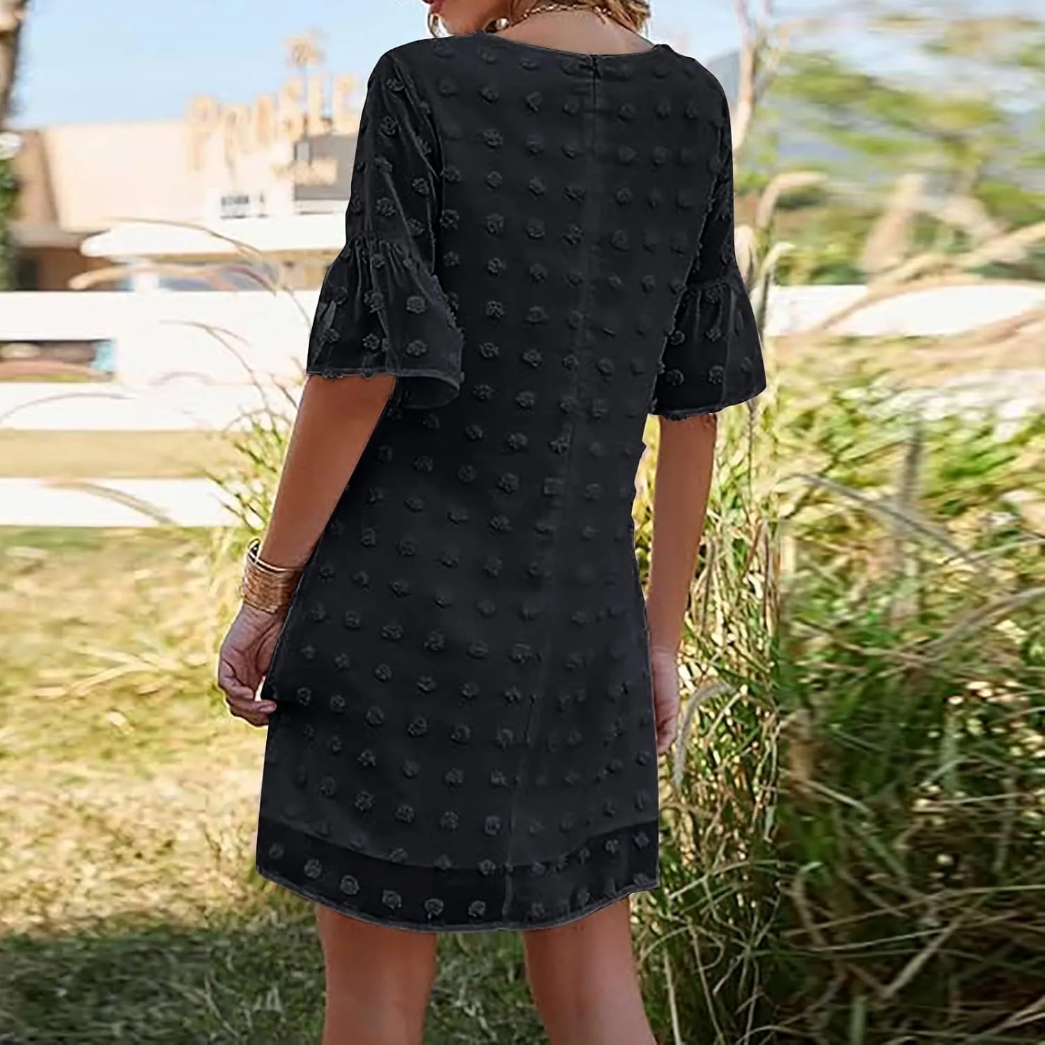 Chiffon Dresses for Women 2024 Summer Smocked Dress Short Flutter Sleeve V Neck Swiss Dot Ruffle Tiered Mini Dress