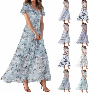 Chiffon Dresses for Women Long Flowy Dress Swing Ruffle Hem Womens Dresses Wedding Guest Dress Summer Beach Casual Dresses