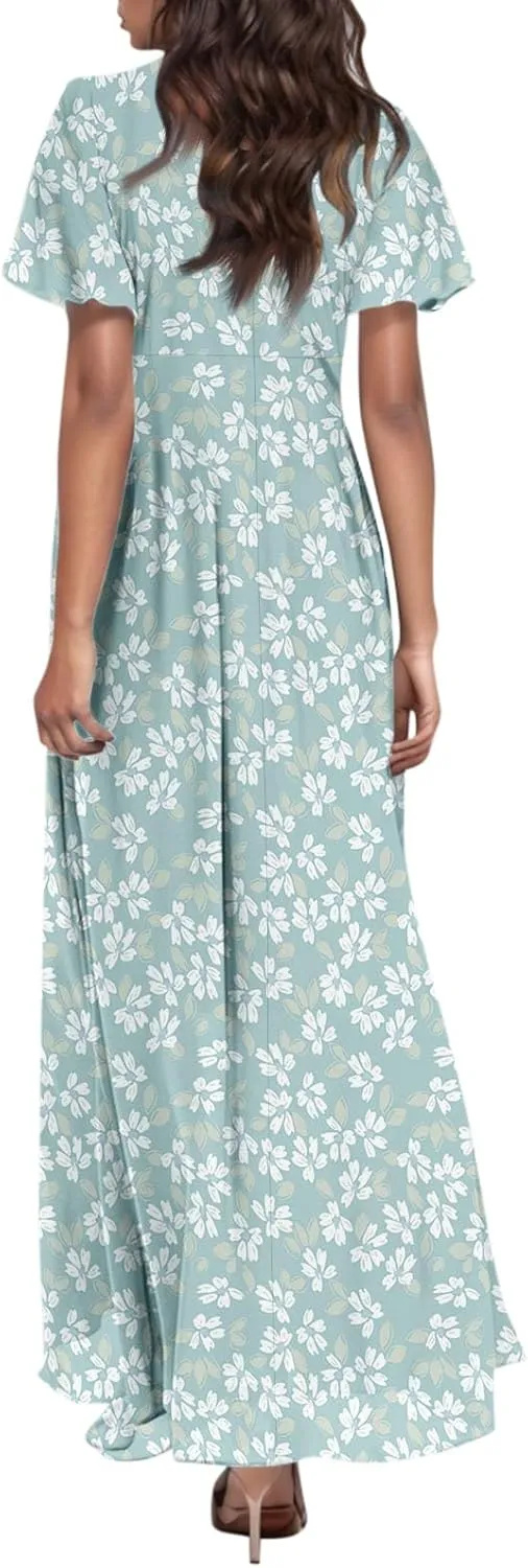 Chiffon Dresses for Women Long Flowy Dress Swing Ruffle Hem Womens Dresses Wedding Guest Dress Summer Beach Casual Dresses