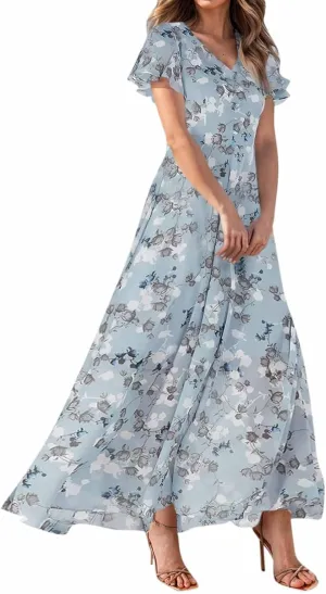 Chiffon Dresses for Women Long Flowy Dress Swing Ruffle Hem Womens Dresses Wedding Guest Dress Summer Beach Casual Dresses