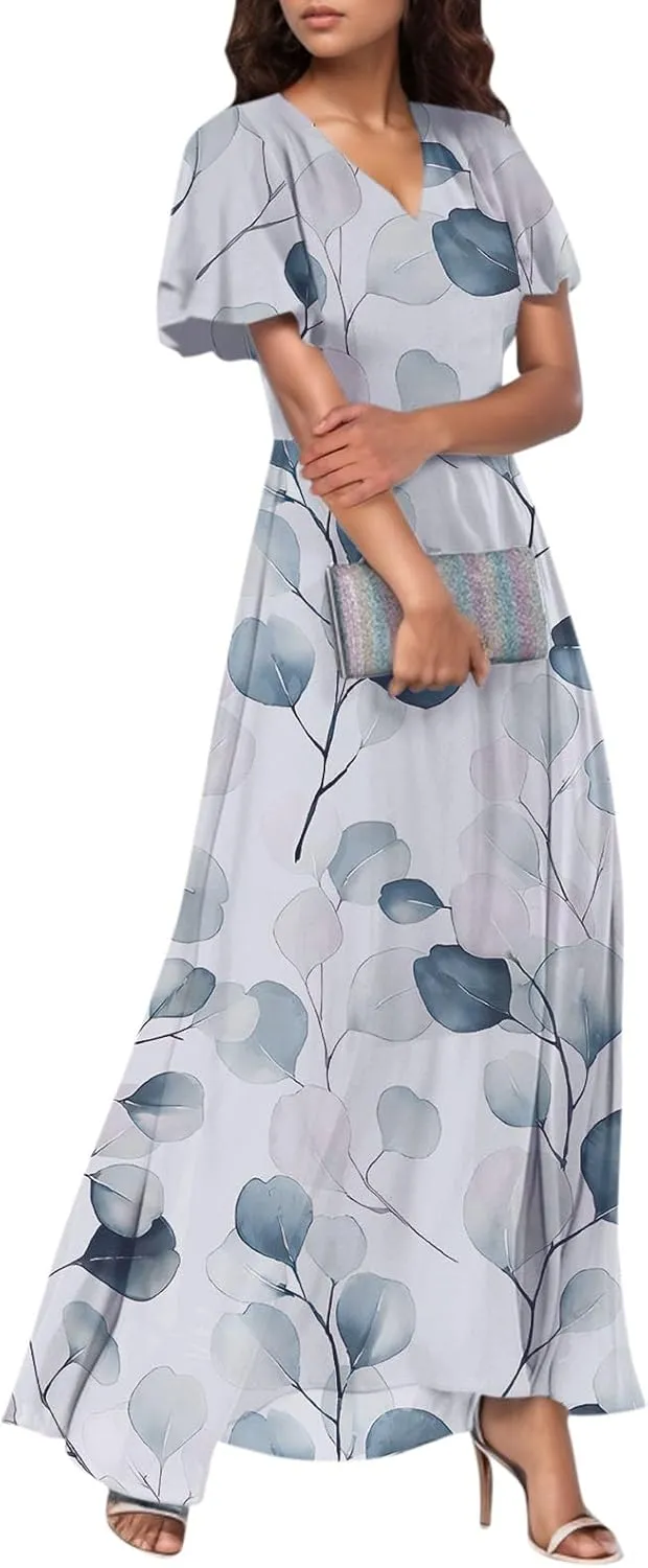 Chiffon Dresses for Women Long Flowy Dress Swing Ruffle Hem Womens Dresses Wedding Guest Dress Summer Beach Casual Dresses