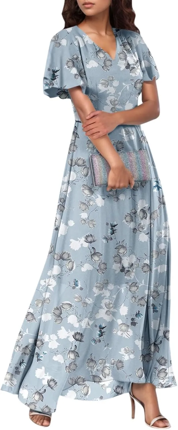 Chiffon Dresses for Women Long Flowy Dress Swing Ruffle Hem Womens Dresses Wedding Guest Dress Summer Beach Casual Dresses