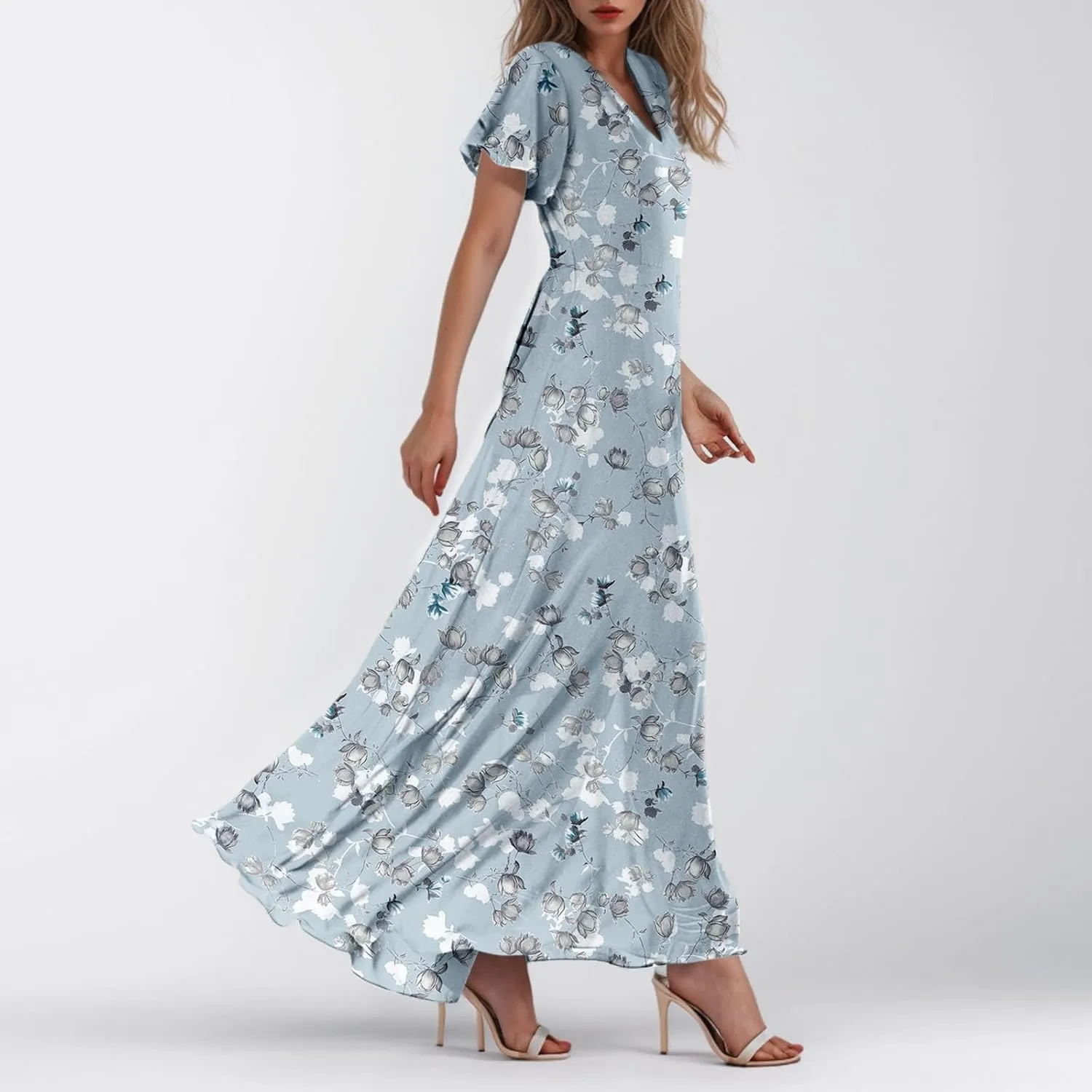 Chiffon Dresses for Women Long Flowy Dress Swing Ruffle Hem Womens Dresses Wedding Guest Dress Summer Beach Casual Dresses