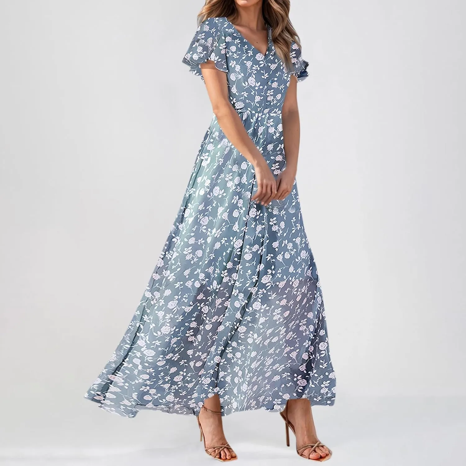Chiffon Dresses for Women Long Flowy Dress Swing Ruffle Hem Womens Dresses Wedding Guest Dress Summer Beach Casual Dresses